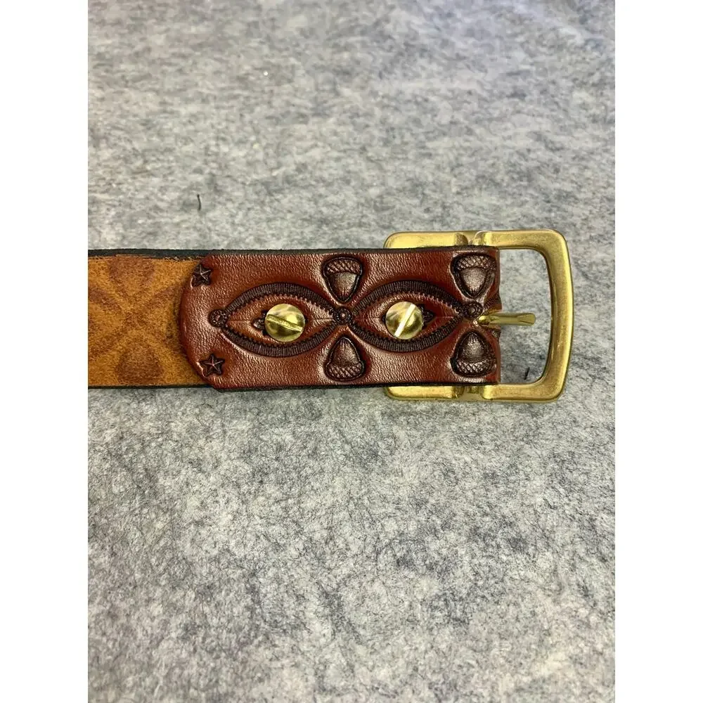 River Ridge Leather Belt, Maker Dennis Knight Tooled Brown Woodland Belt Sz 38